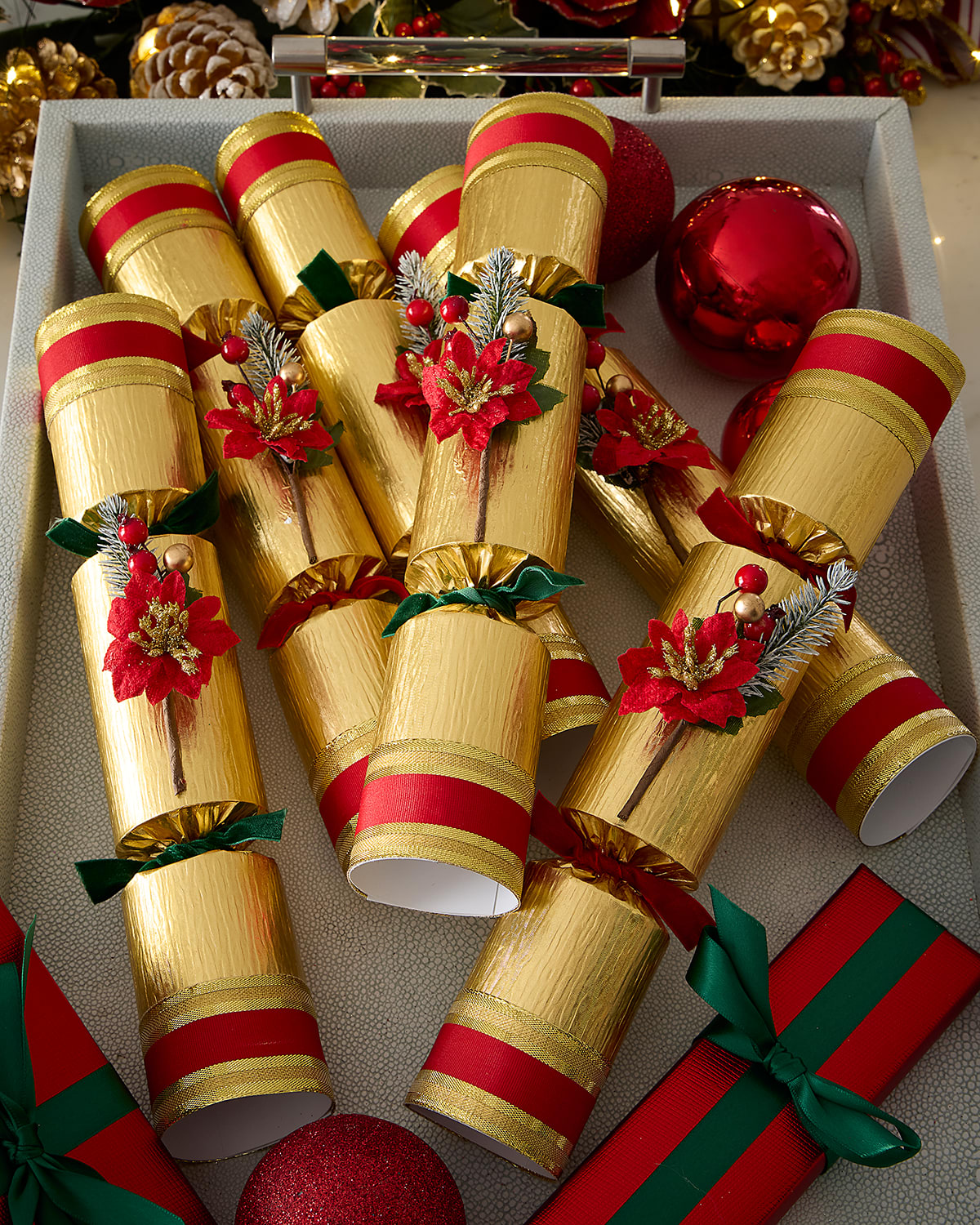 Robin Reed Golden Poinsettia Christmas Crackers, Set Of 6