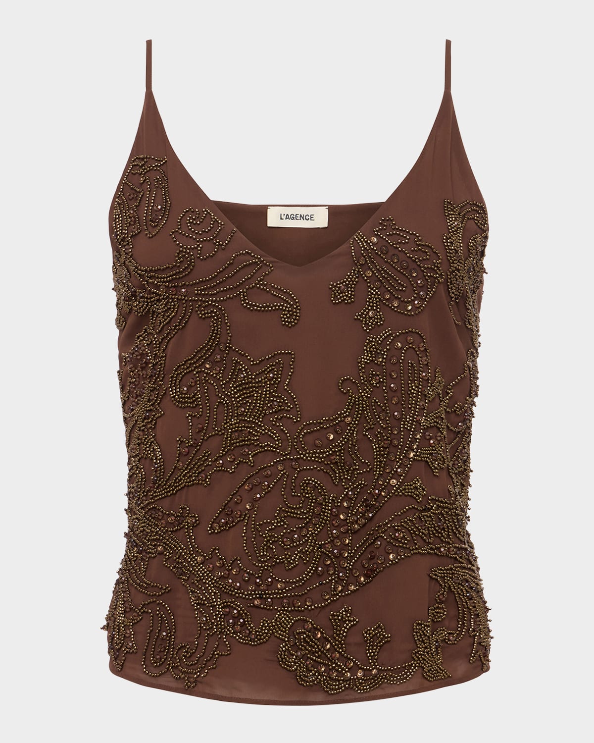 L Agence Kass Embellished V-neck Cami In Brown