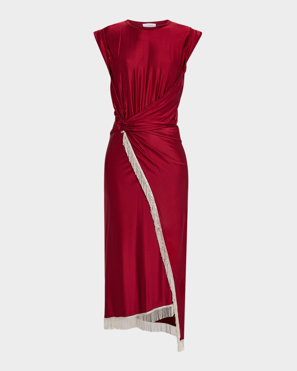 Rabanne O-ring Wrap Fringed Midi Dress In Burgundy