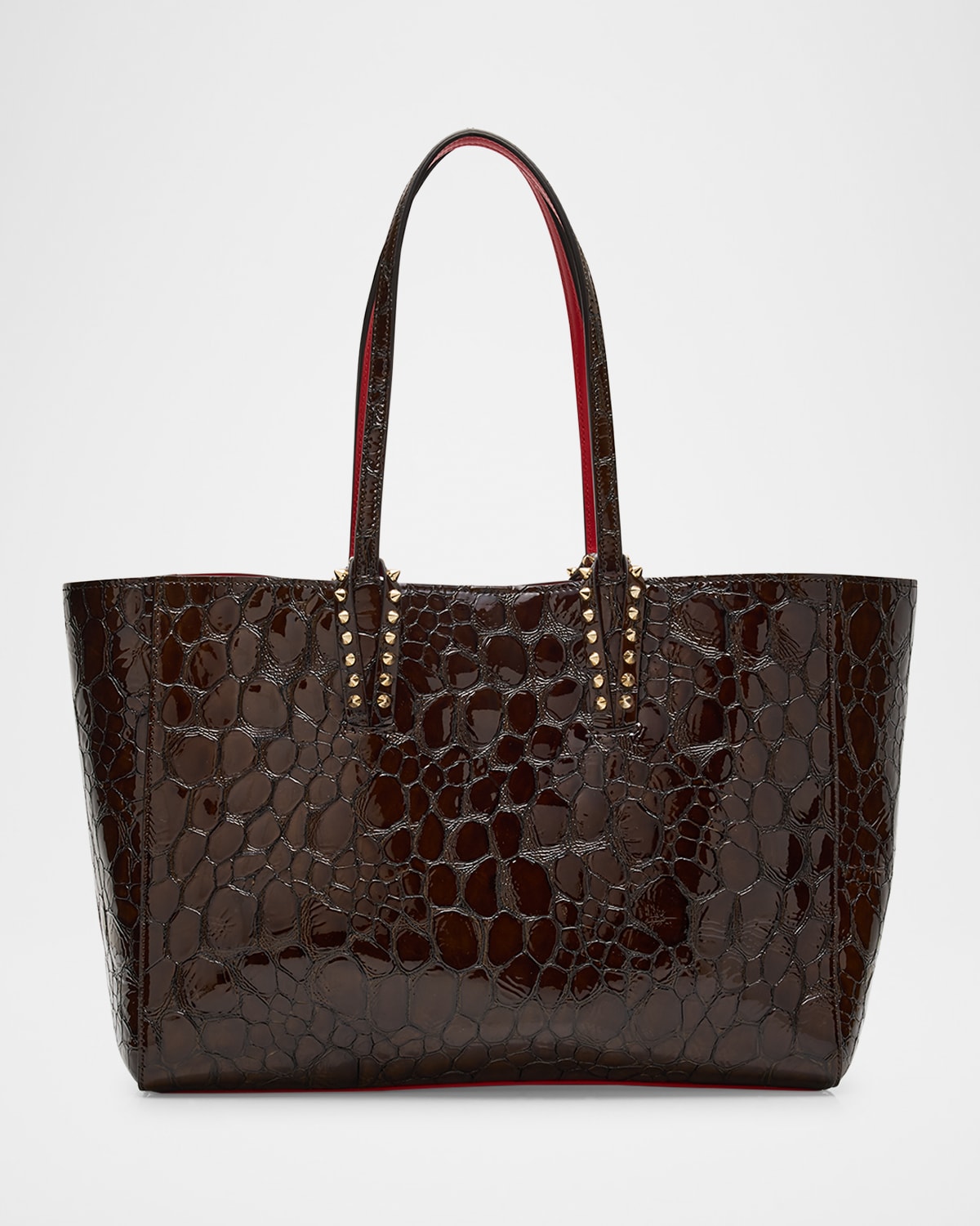 Christian Louboutin Cabata Small Tote Bag In Glossy Croc-embossed Leather In Brown