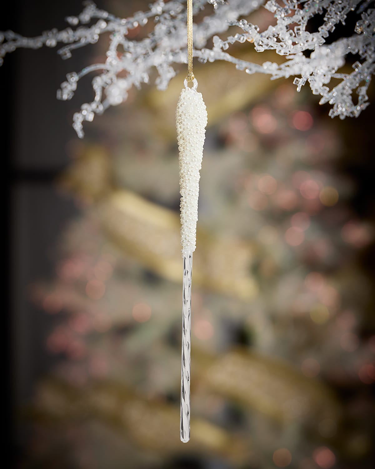 Jim Marvin Regal Gold Beaded Icicle Ornament In White