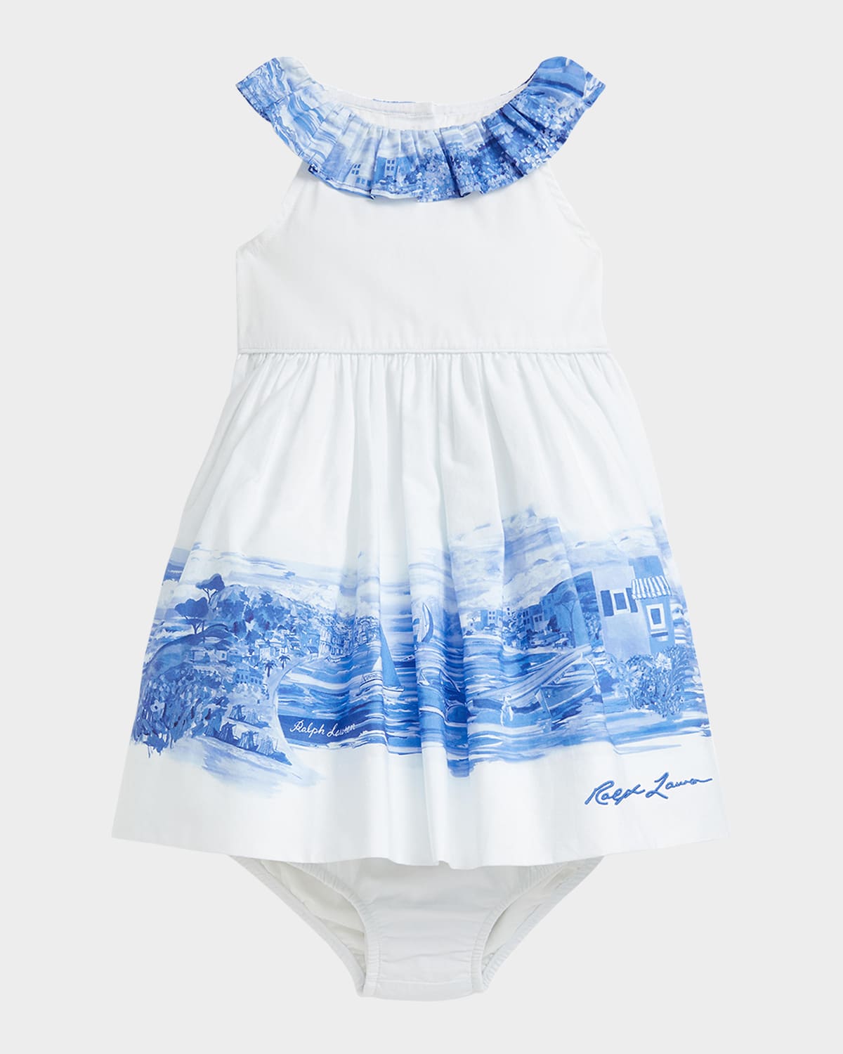 Ralph Lauren Girl's Seaside-print Dress W/ Bloomers In Seashore Scenic Border