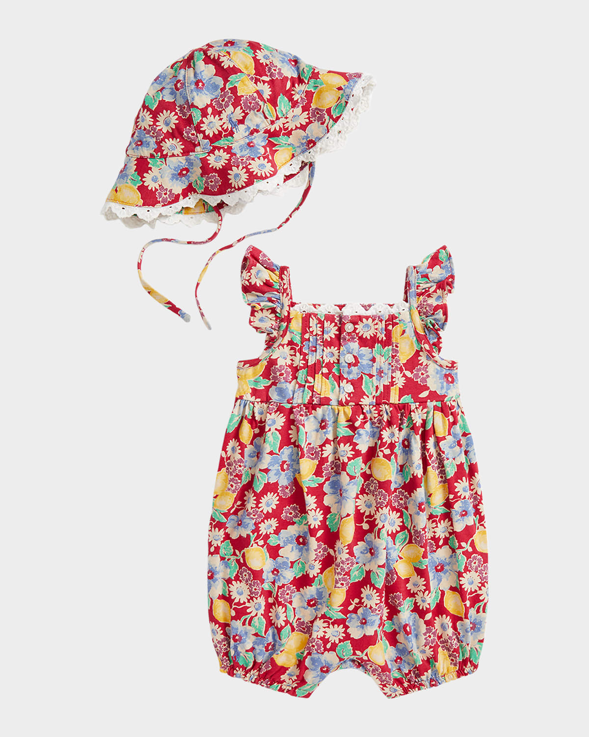 Ralph Lauren Girl's Floral & Lemon-print Romper W/ Sun Hat In Lemon Floral W Riverside