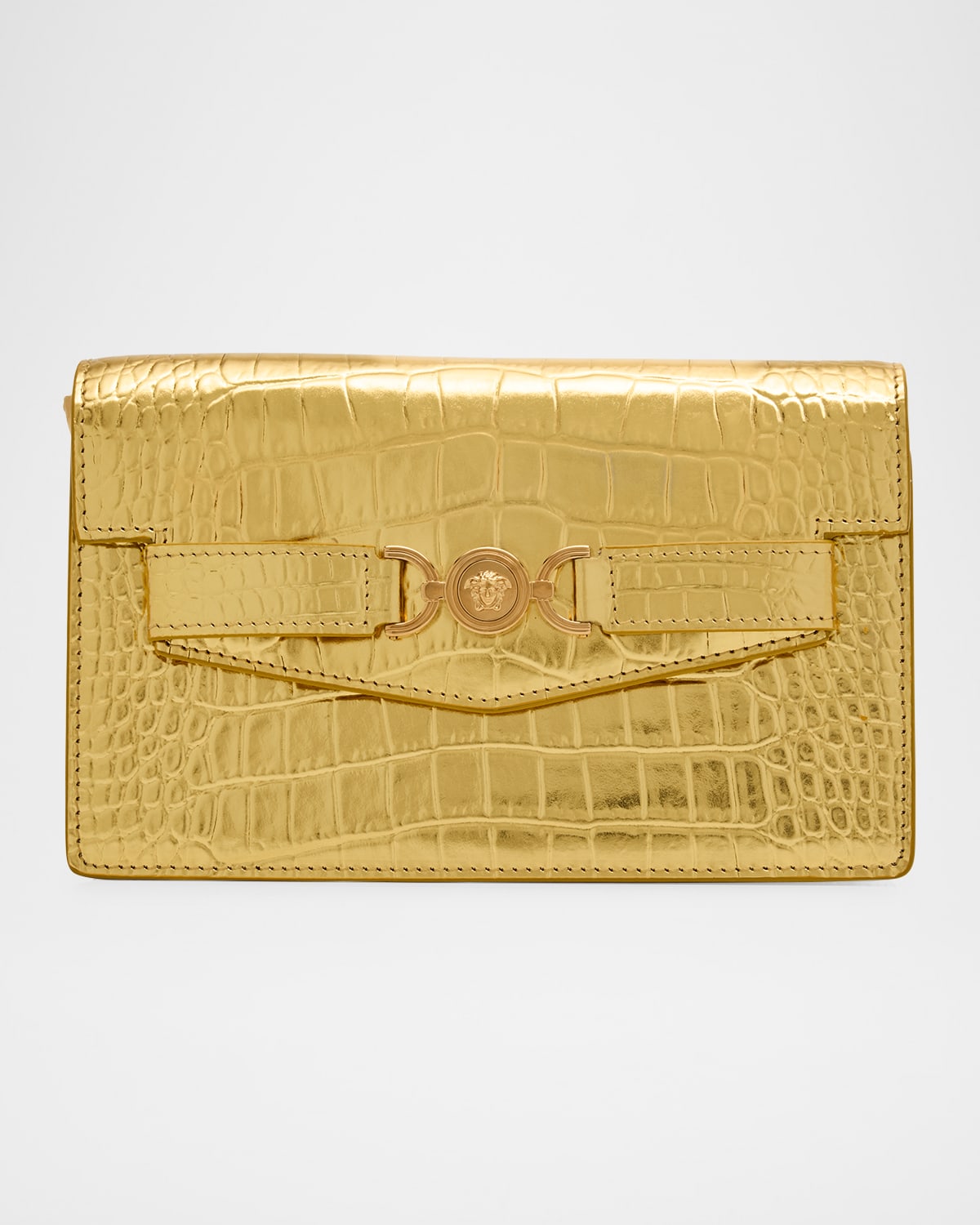Versace La Medusa Laminated Croc-embossed Wallet On Chain In Yellow