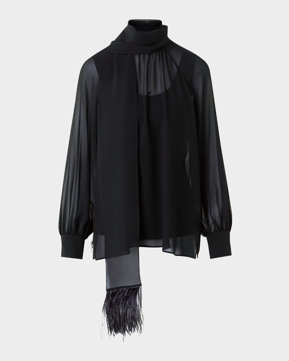 Akris Feather-trim Scarf Silk Georgette Blouse In Black