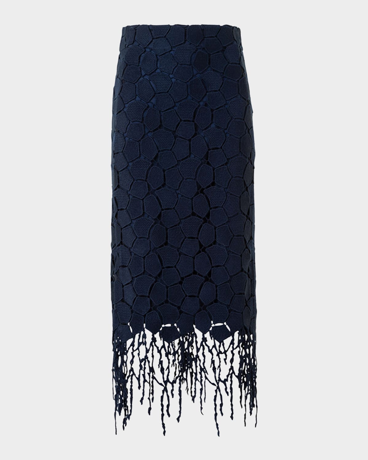 Akris Broken Stone Guipure Fringed Midi Pencil Skirt In Blue