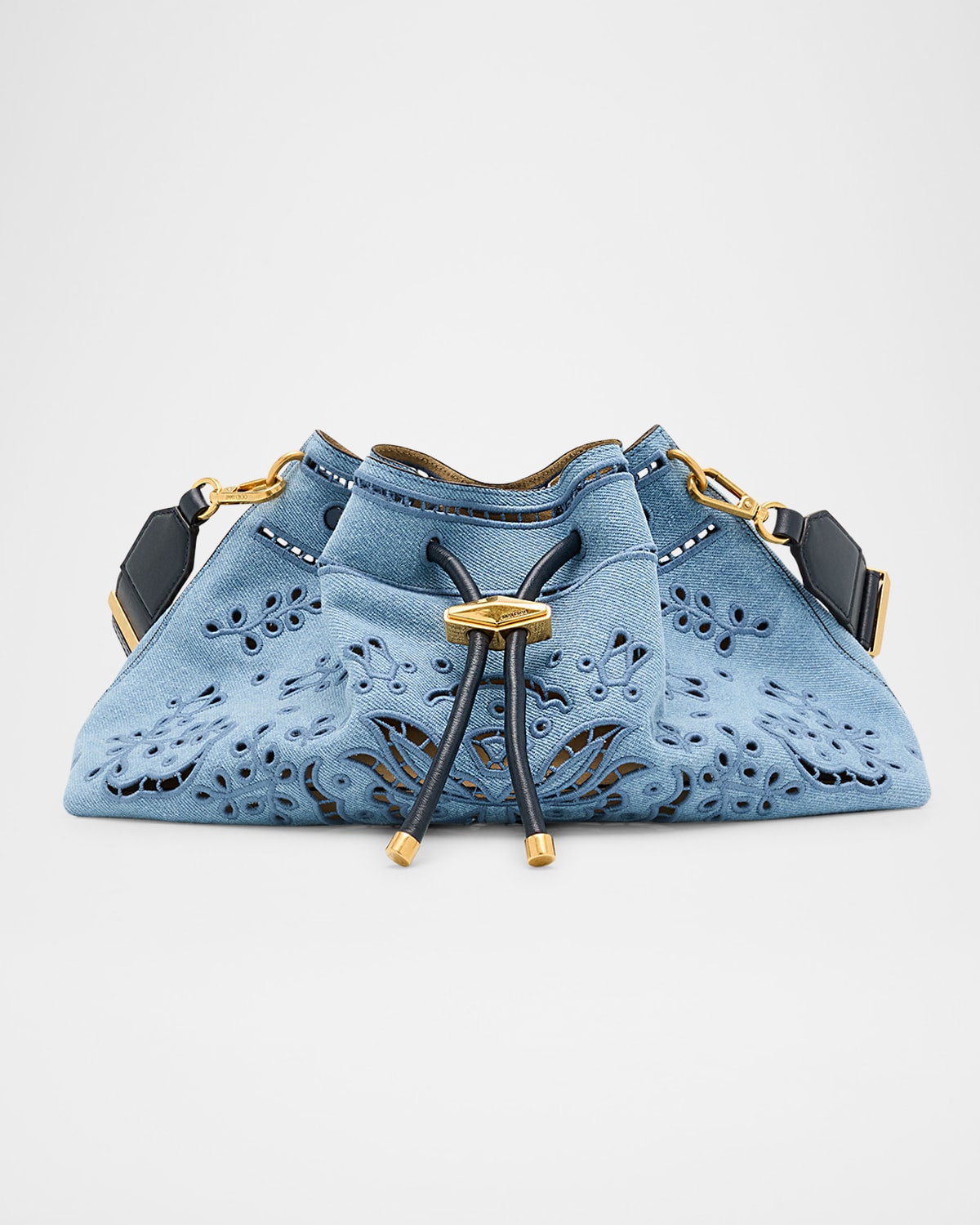 JIMMY CHOO BON BON CINCH EYELET DENIM BUCKET BAG 