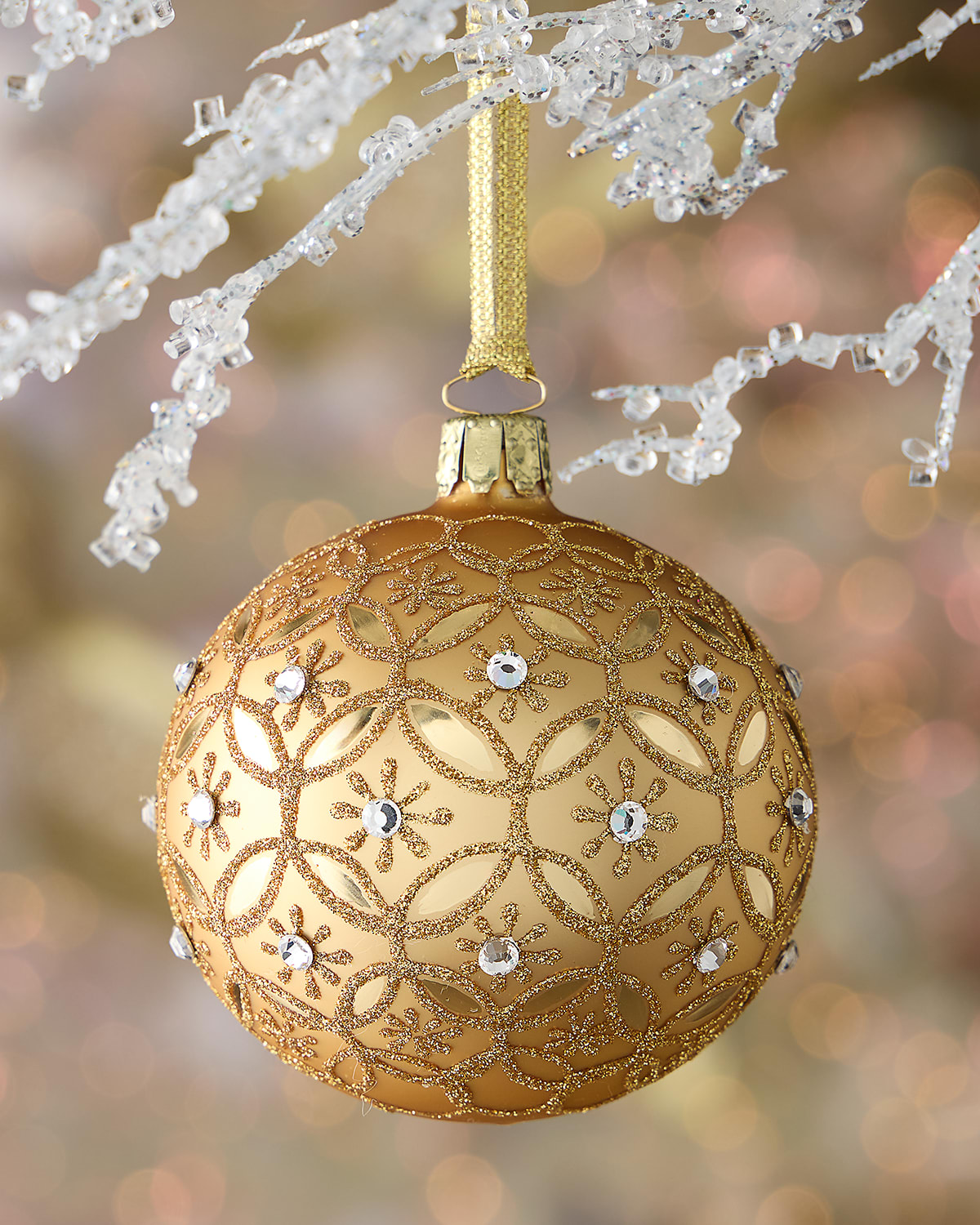 Neiman Marcus Golden Lace Diamond Glitter Glass Ornament In Gold