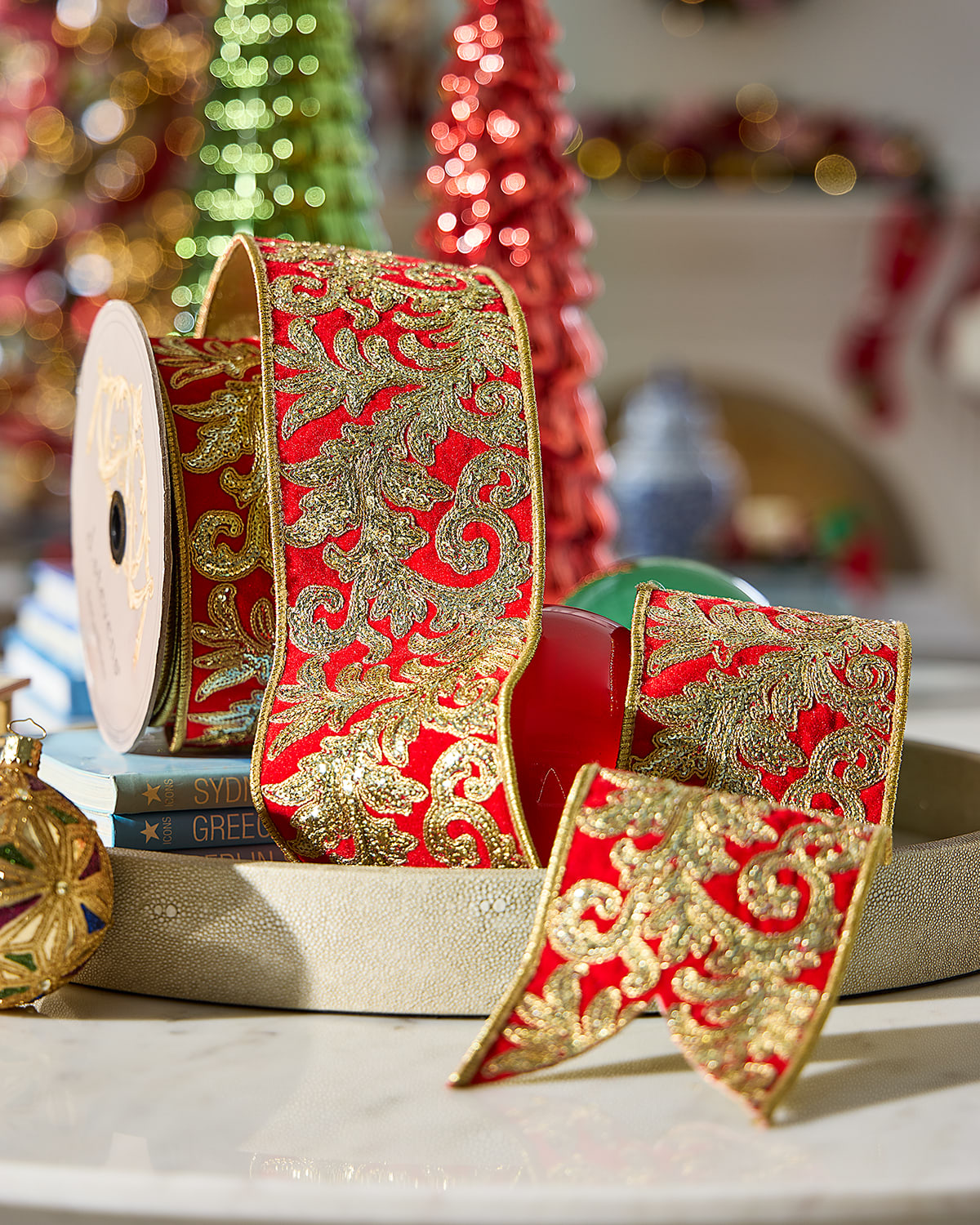 D. Stevens Velvet Sequined Acanthus-trim Ribbon, 3.75" X 10 Yards
