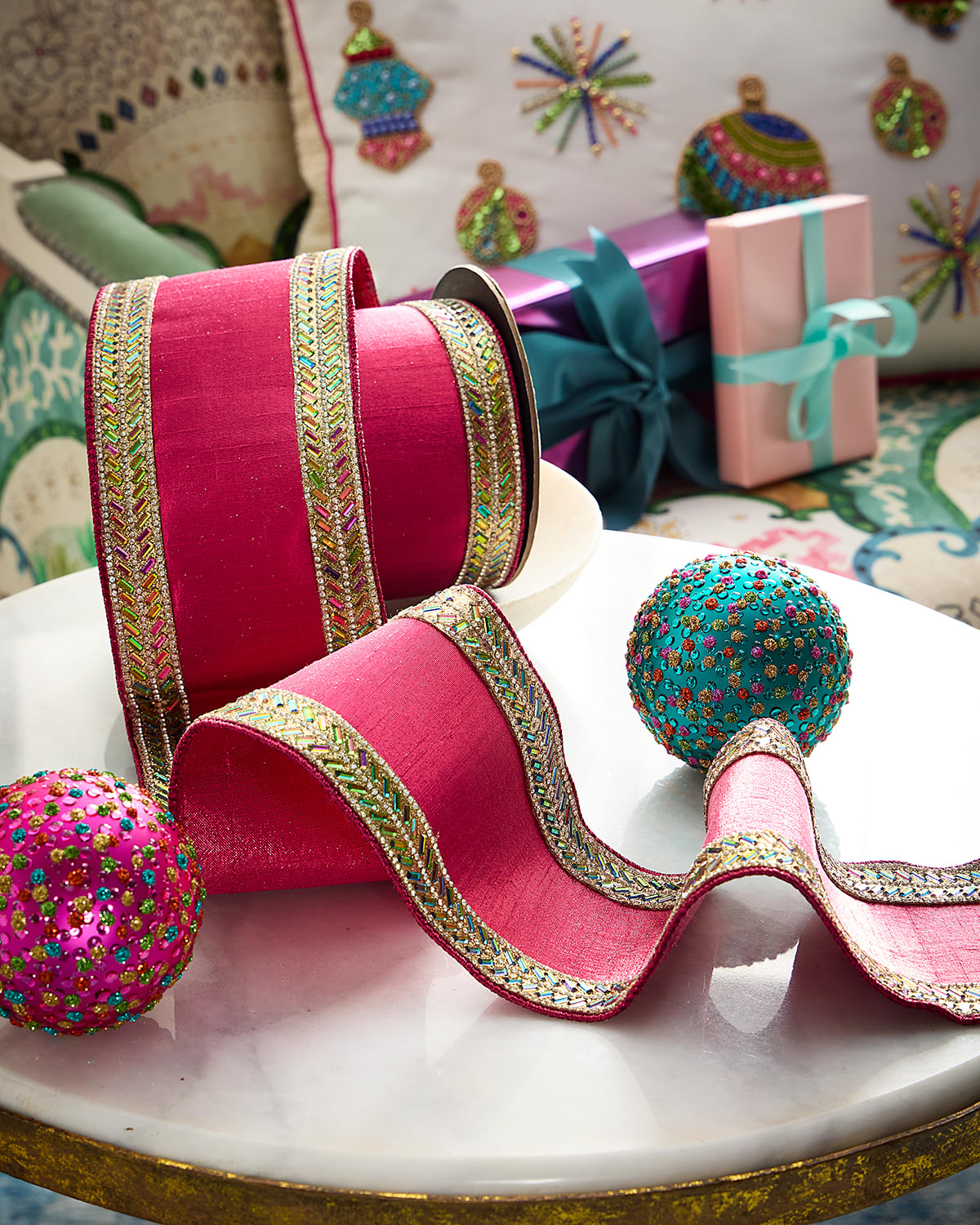 D. Stevens Metallic Dupioni Herringbone Jewel-Trim Ribbon