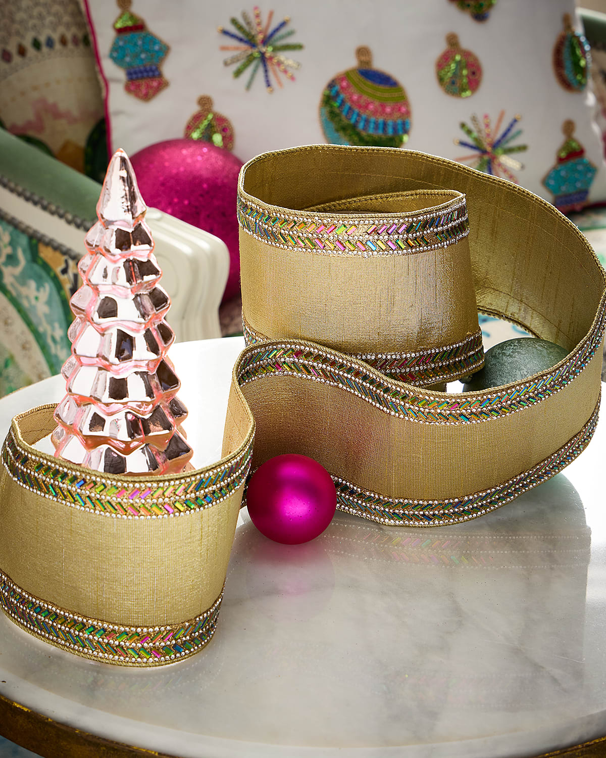 D. Stevens Iris Herringbone Rhinestone Metallic Dupion Ribbon, 4" x 5 Yards