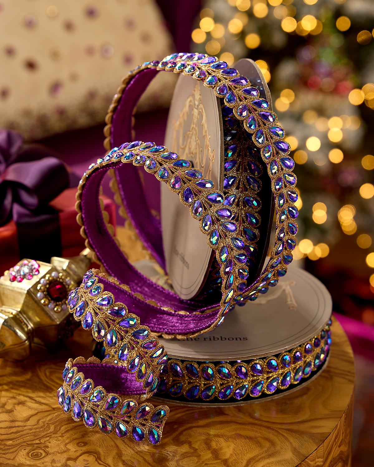 D. Stevens Jewel Aurora Borealis Honey Locust Leaves Christmas Ribbon