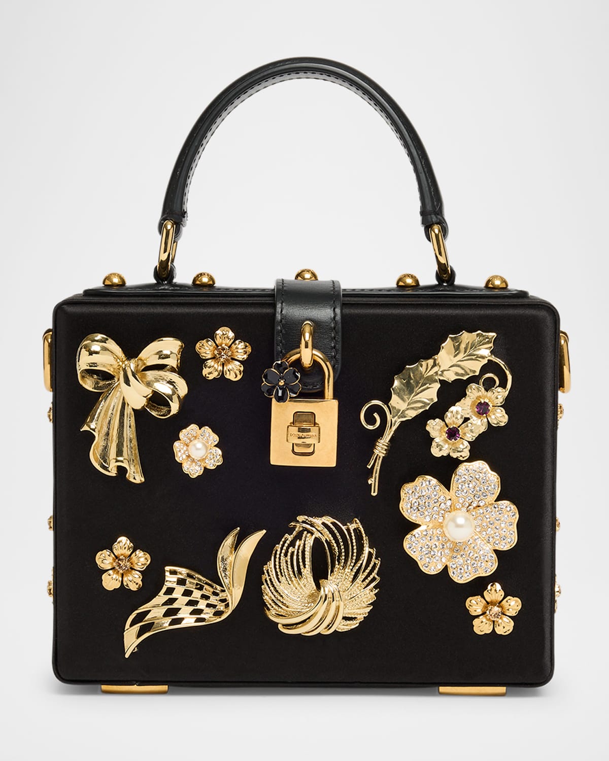 Floral Embellished Satin Box Top-Handle Bag