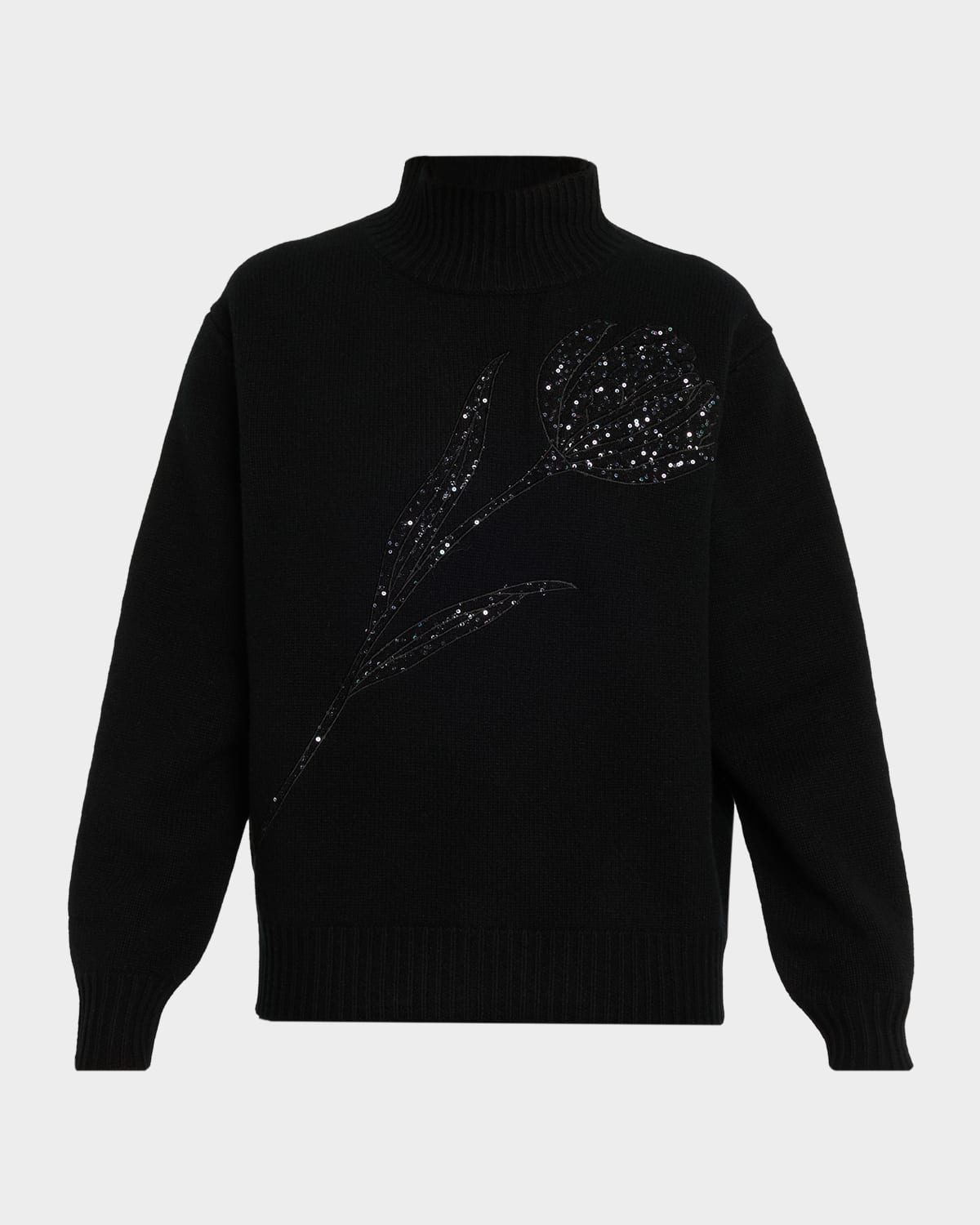 Carolina Herrera Turtleneck Paillette Rose Wool-cashmere Sweater In Black