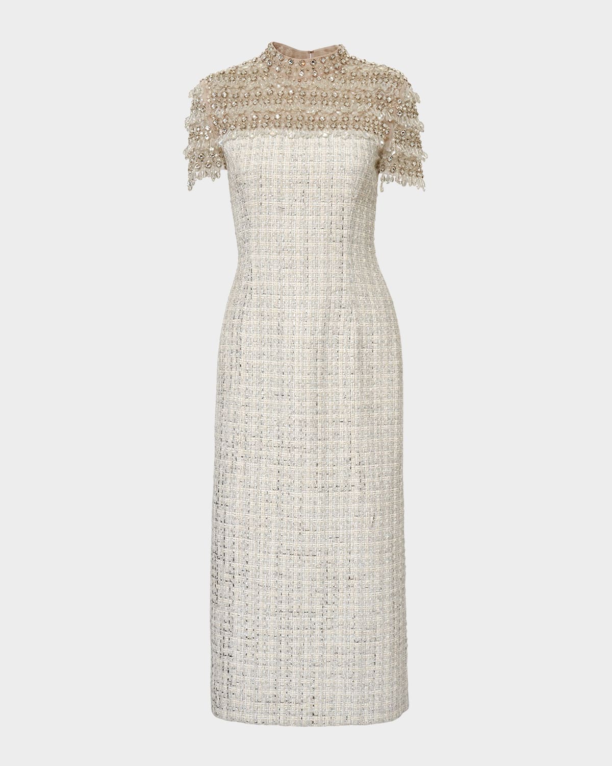 Carolina Herrera Embellished Tweed Mock-neck Pencil Dress In Multi