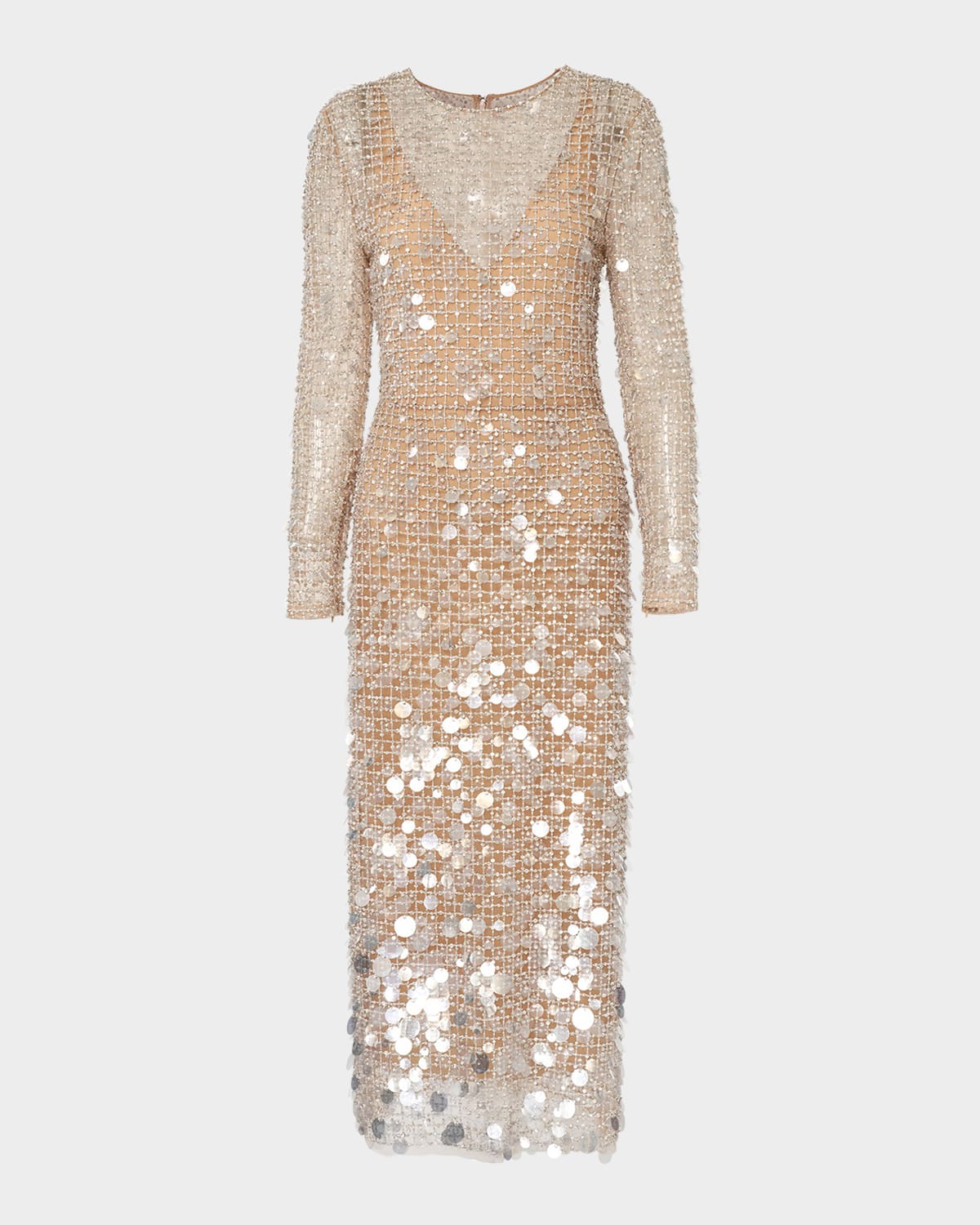 Carolina Herrera Embellished Long-sleeve Midi Dress In Brown