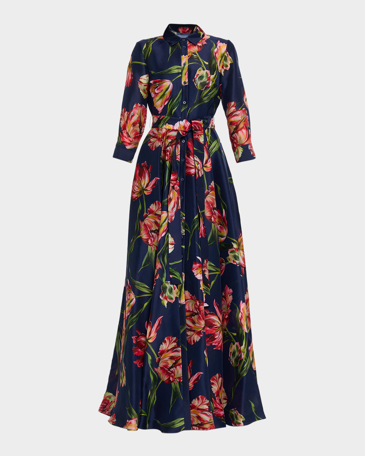 Carolina Herrera Floral Silk Belted Long-sleeve Trench Gown In Blue