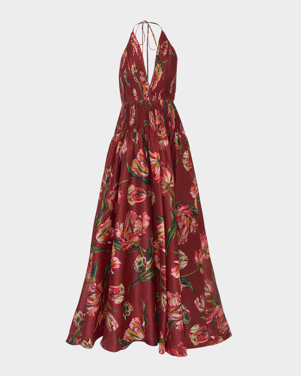 Carolina Herrera Plunging Halter Pleated Drop-waist Gown In Brown