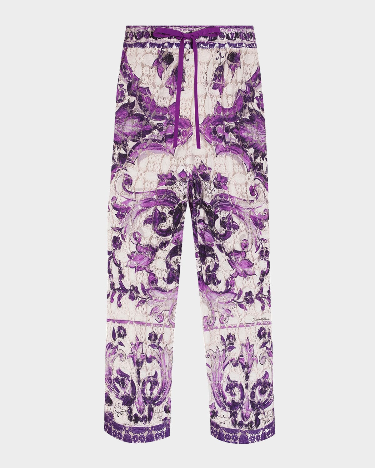 Dolce & Gabbana Pantaloni In Pizzo Crochet Stampa Maiolica In Purple
