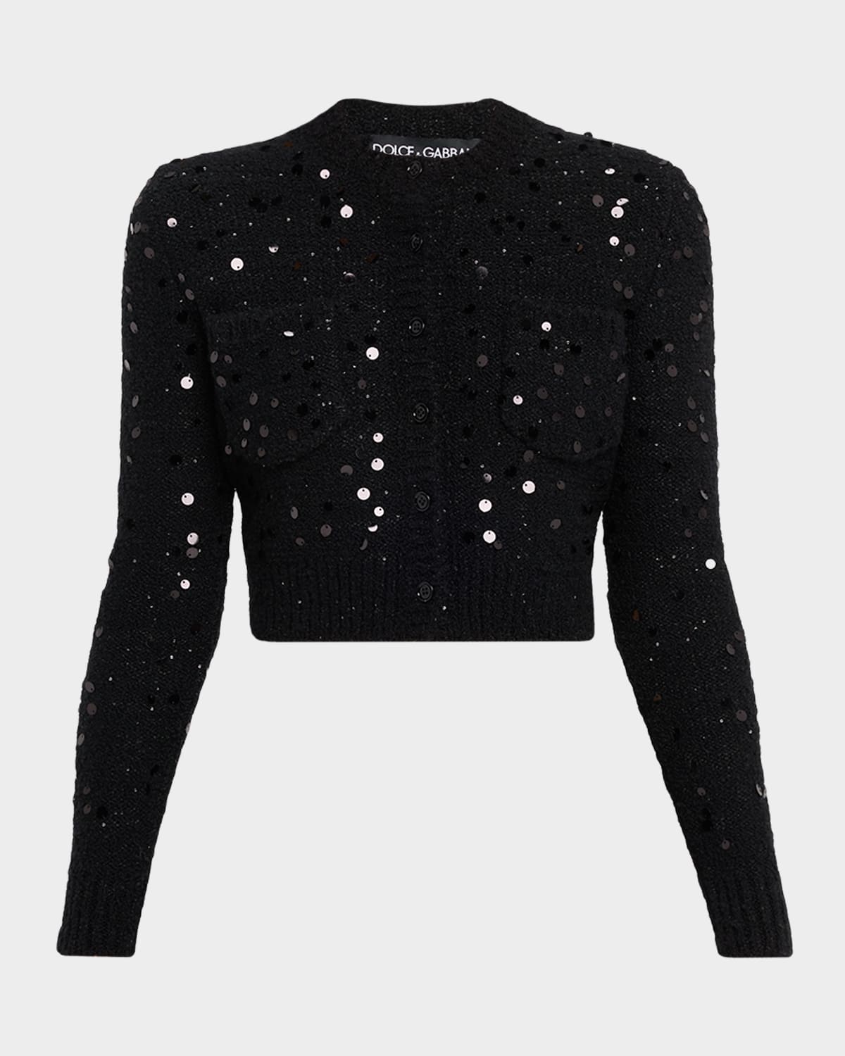 Dolce & Gabbana Sequined Wool Crop Crewneck Cardigan In Black