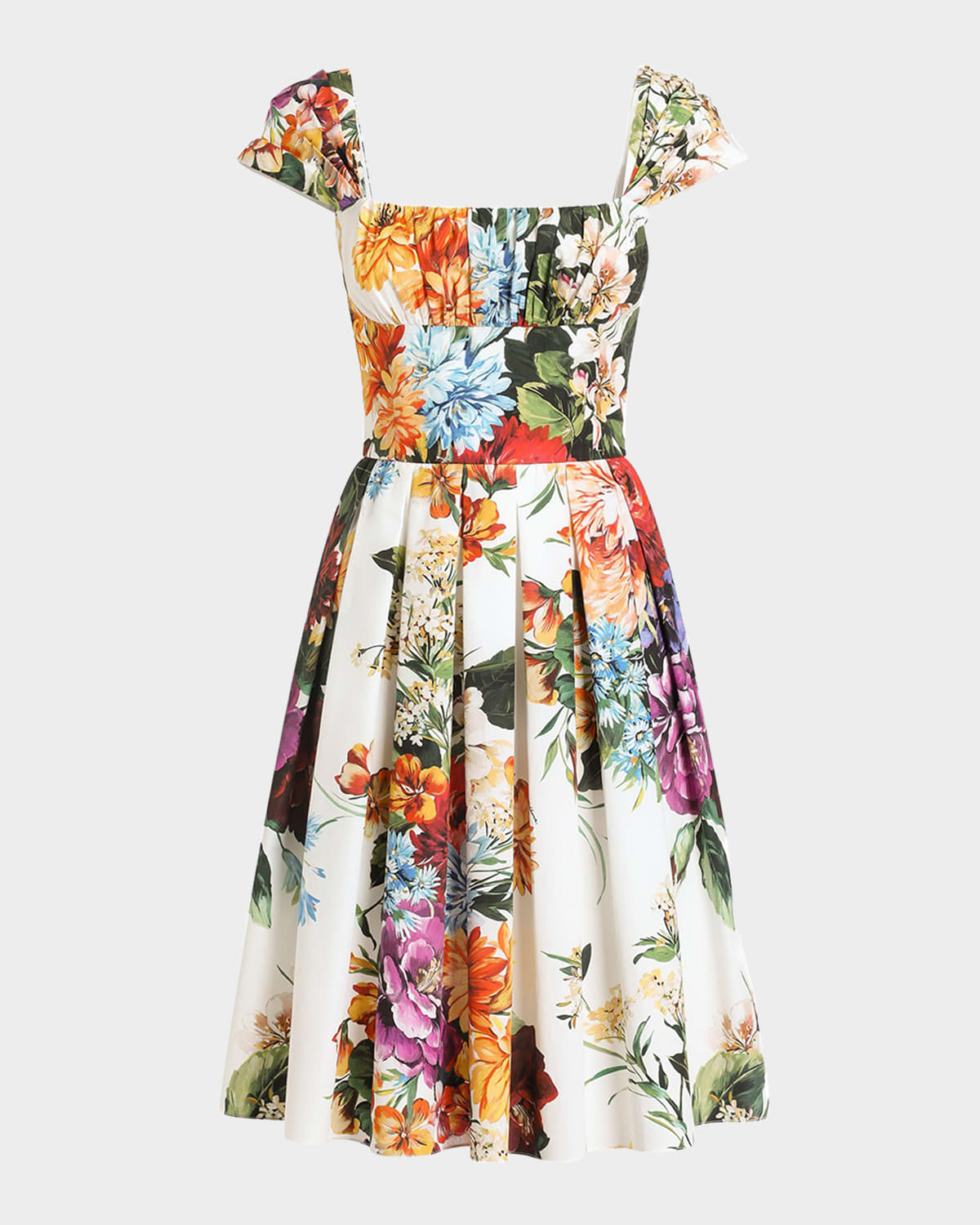 Dolce & Gabbana Floral Bouquet Popeline Cap-sleeve Pleated Dress In Multi