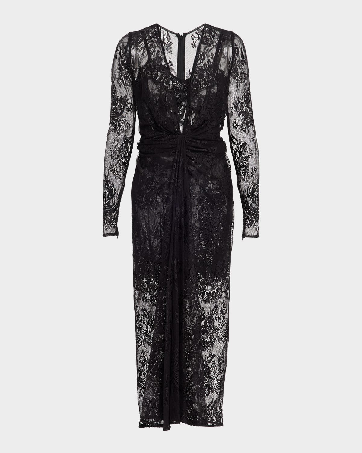 Dolce & Gabbana Plunging Twisted Chantilly Lace Long-sleeve Midi Dress In Black