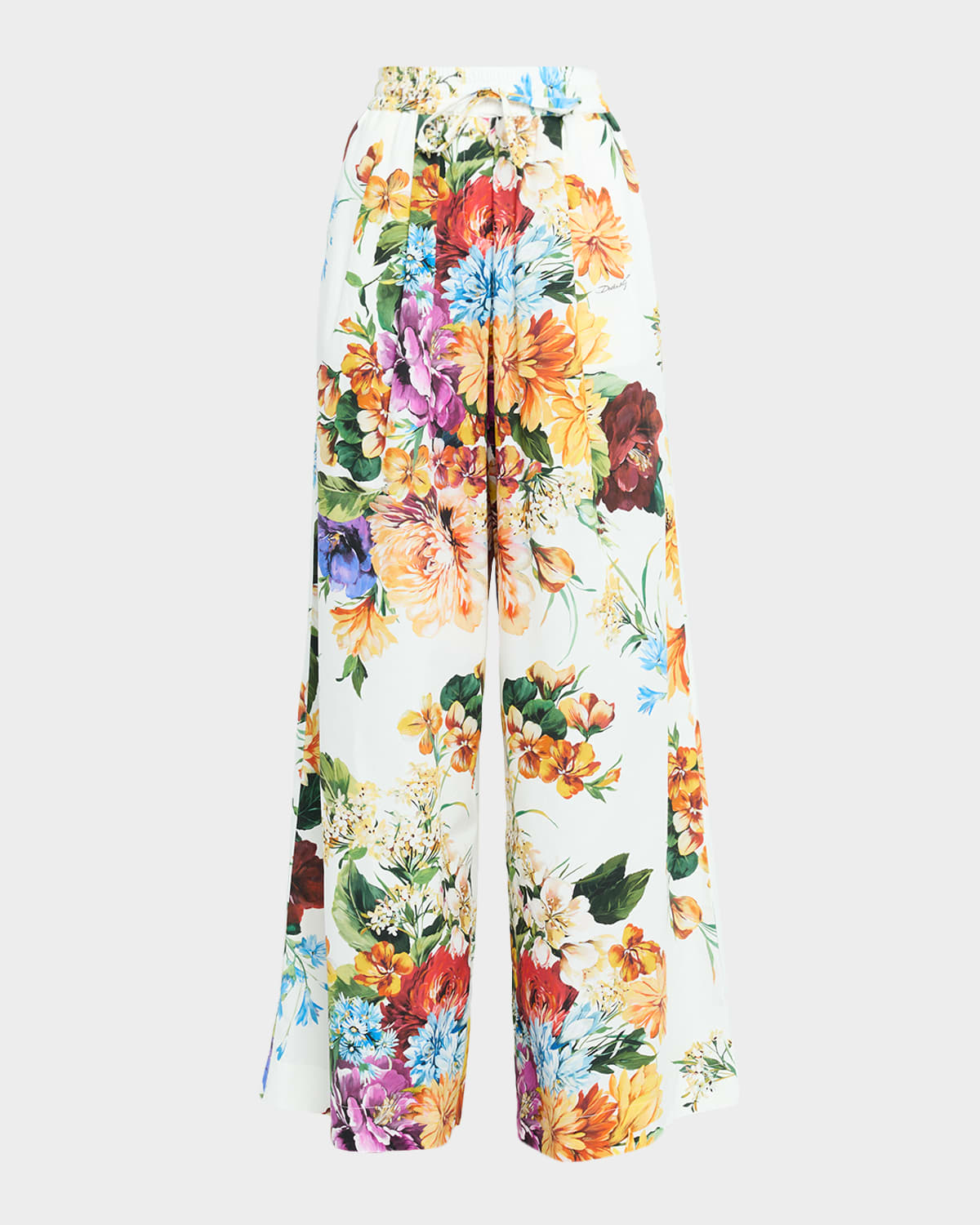 Dolce & Gabbana Floral Bouquet Wide-leg Drawstring Pants In Multi