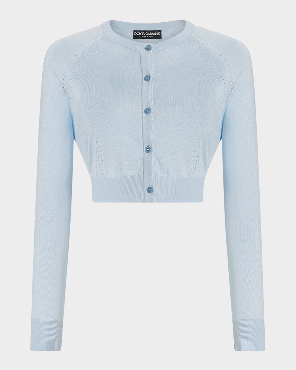 Dolce & Gabbana Pointelle Knit Crop Crewneck Cardigan In Blue