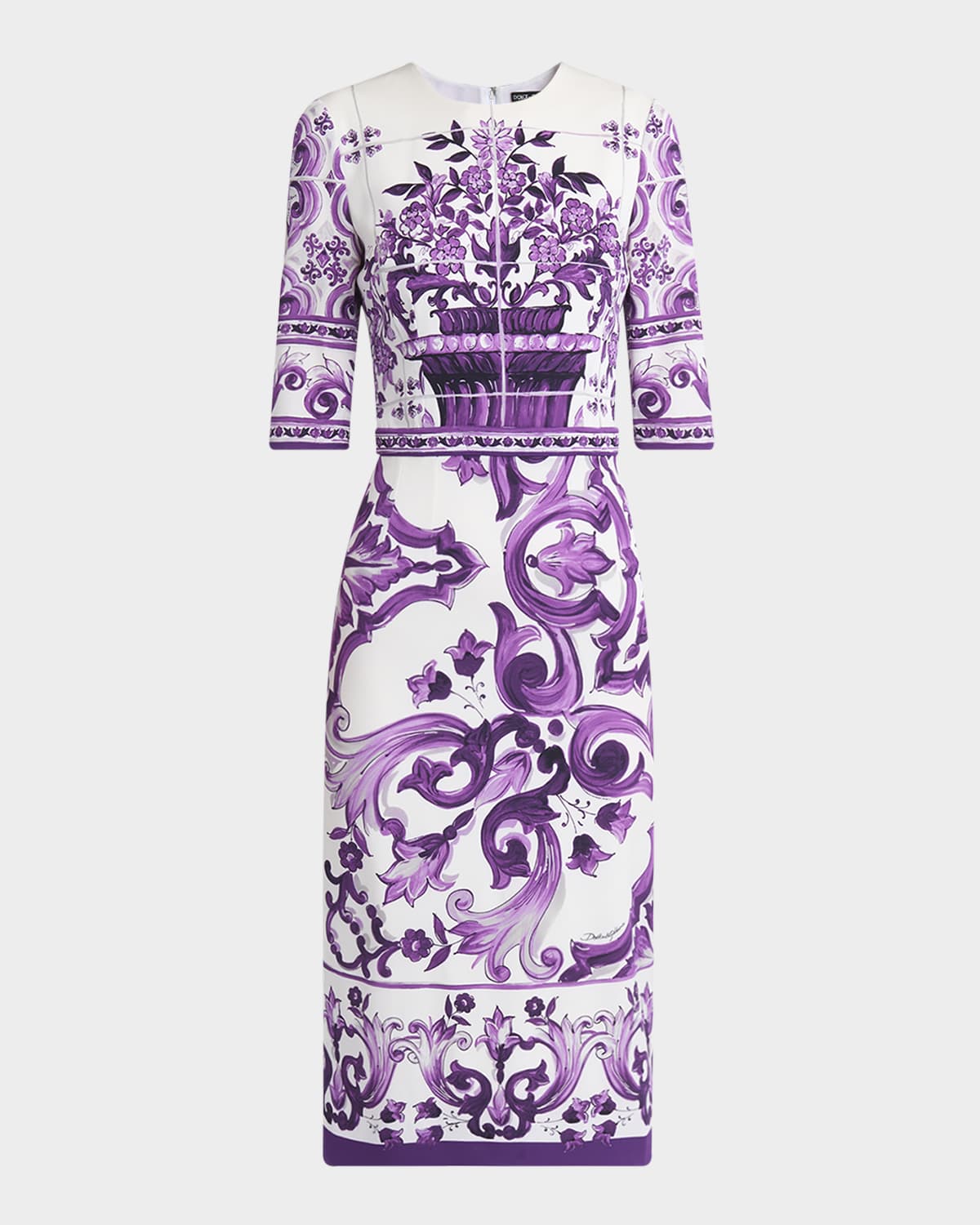 Dolce & Gabbana Violet Crewneck Dress With Rear Zip Closure And All-over Floral Print In Silk Stretch Woman