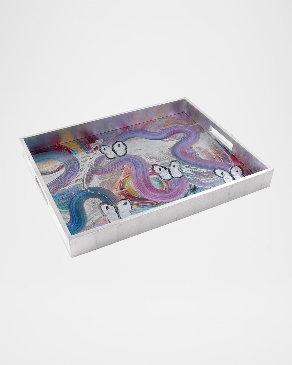 Hunt Slonem Butterfly Ribbon Silver Leaf & Lacquer Tray In Silver