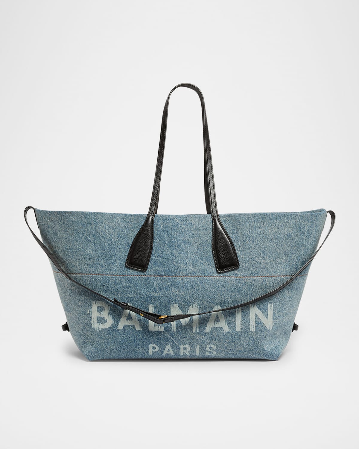 Balmain Track Shoulder Bag In Denim And Calfskin Leather In Multi
