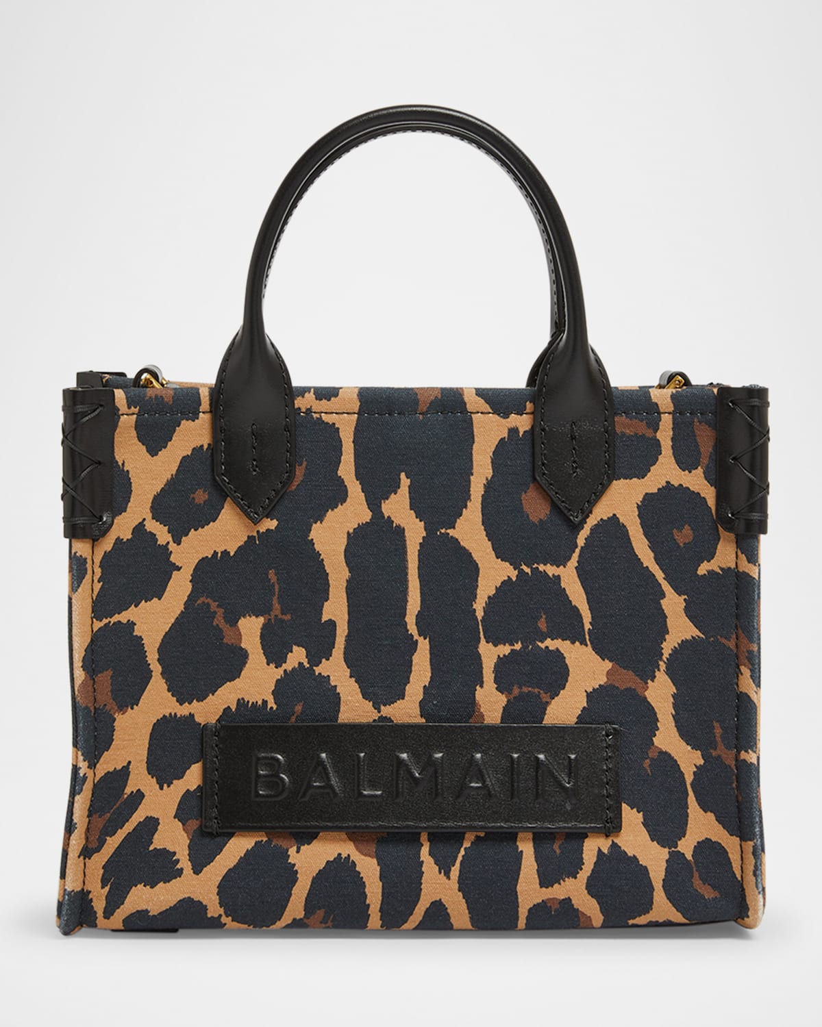 Balmain B-army Small Shopper Shoulder Bag In Leopard-print Canvas In Multi