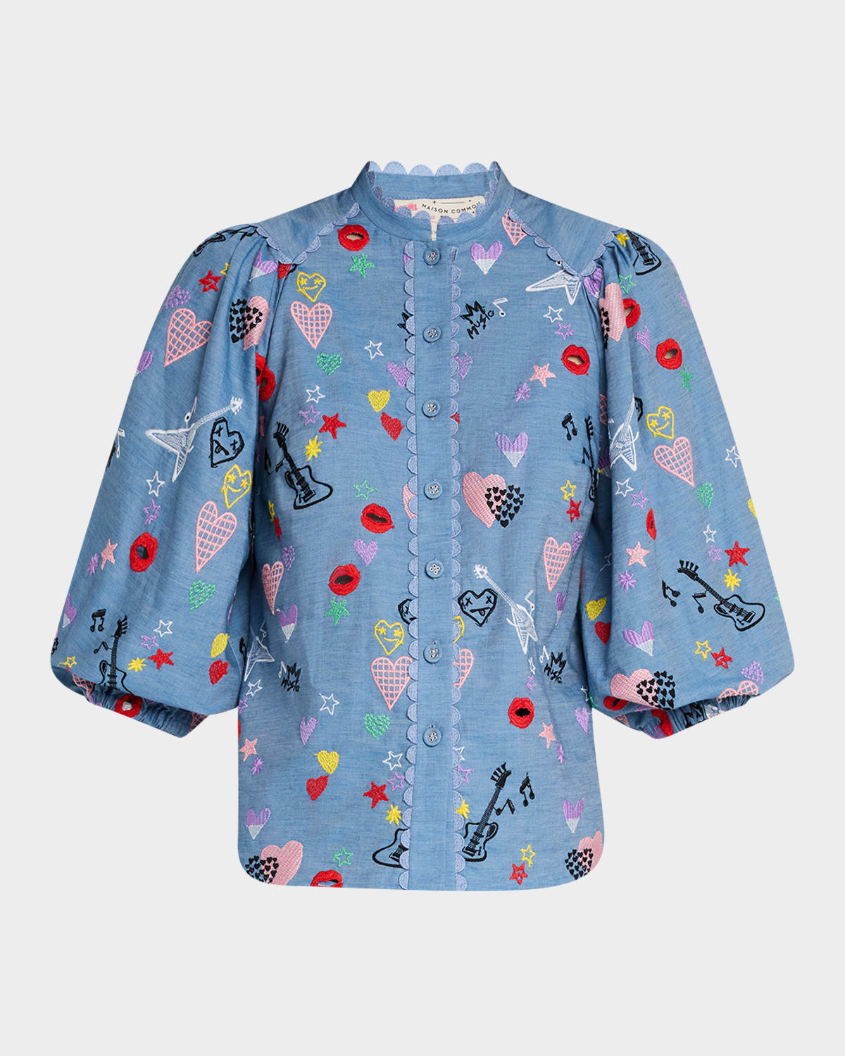 Maison Common Rock And Romance Embroidered Balloon-sleeve Shirt In Blue