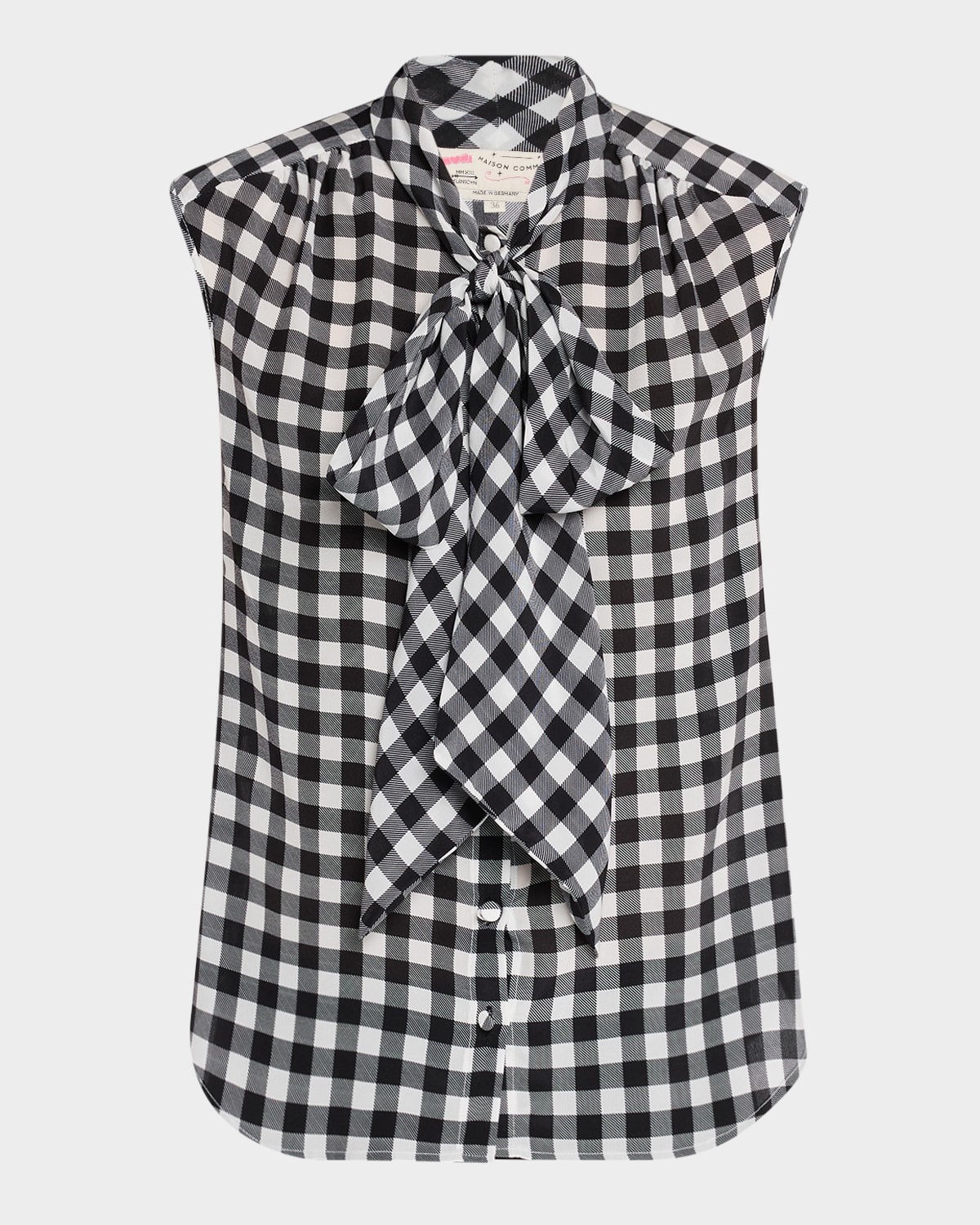 Maison Common Gingham Silk Sleeveless Neck-tie Blouse In Black