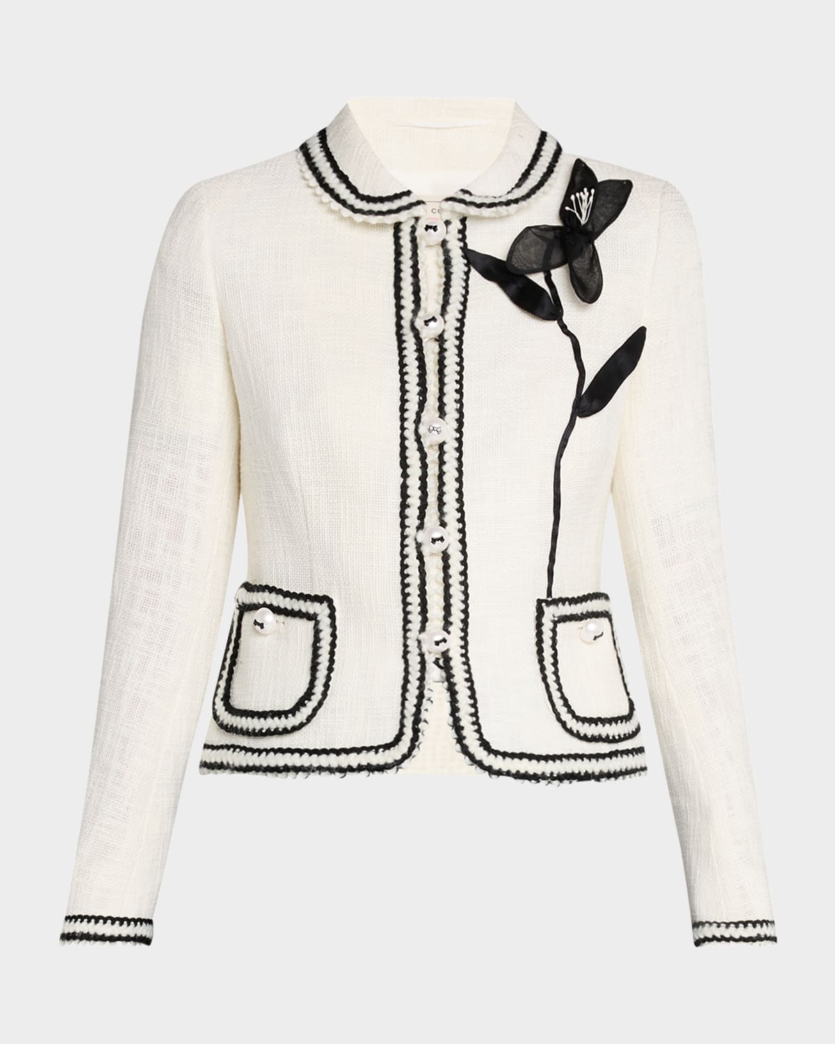 Maison Common Peter-pan Collar Cotton-blend Jacket With Flower In Brown
