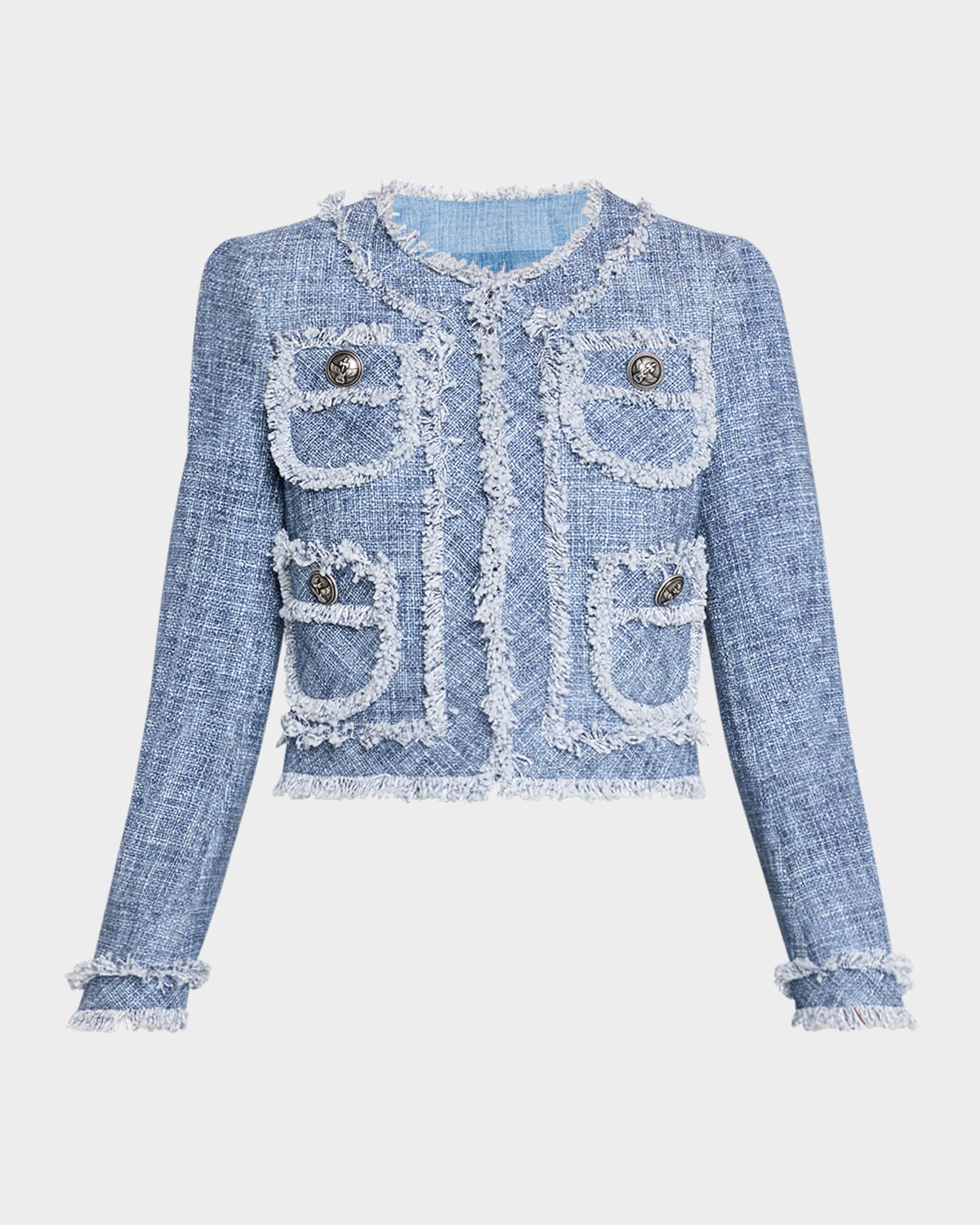 Maison Common Cotton-blend Short Jacket With Fringe Trim In Blue