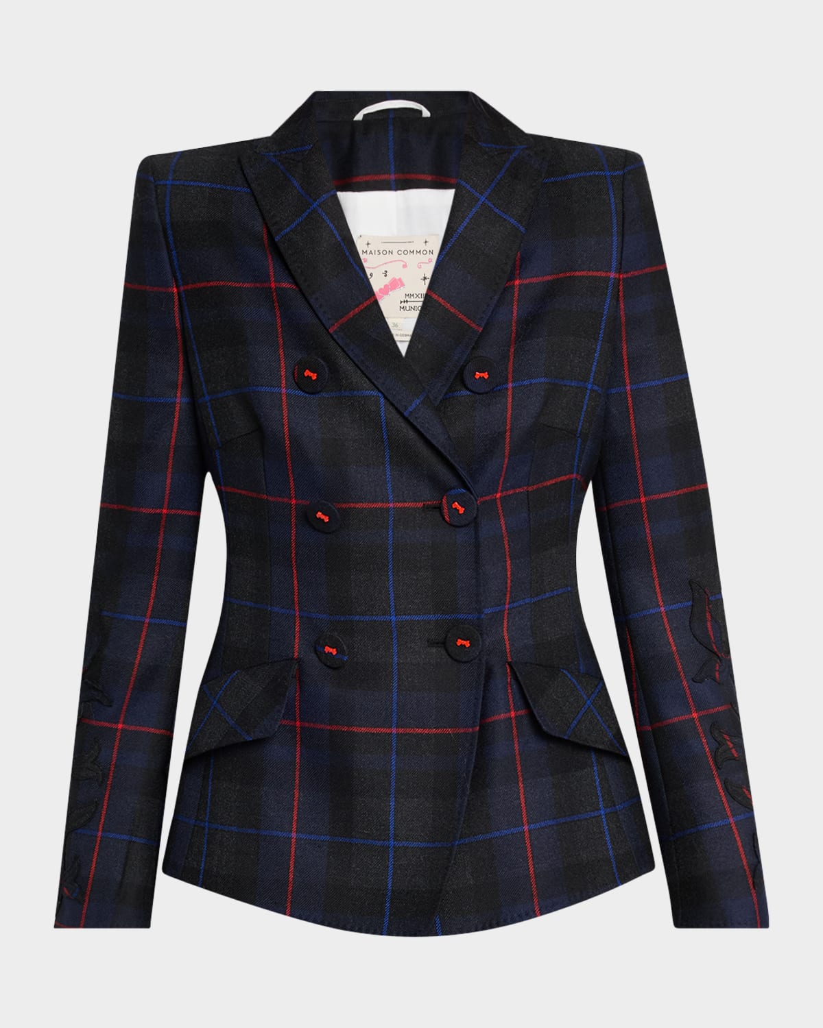 Maison Common Embroidered-sleeve Plaid Double-breasted Jacket In Blue