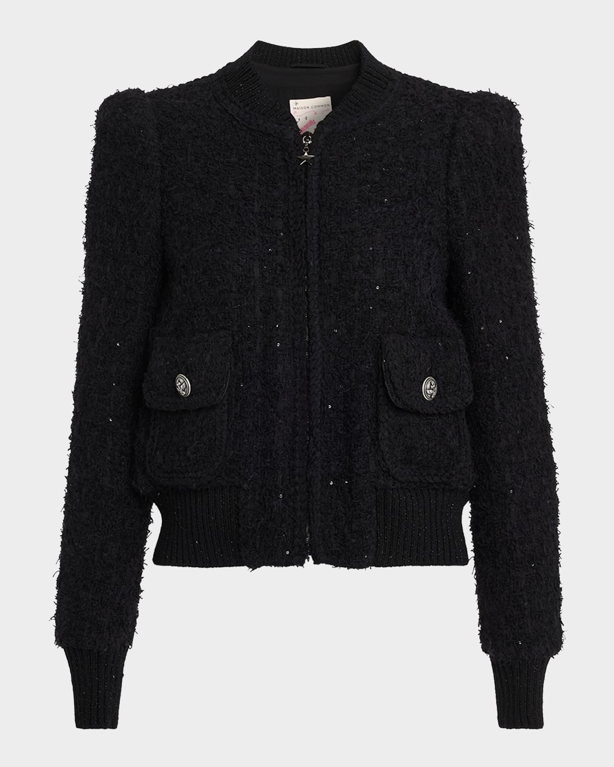 Maison Common Paillette Tweed Bomber Jacket With Metallic Knit Back In Black