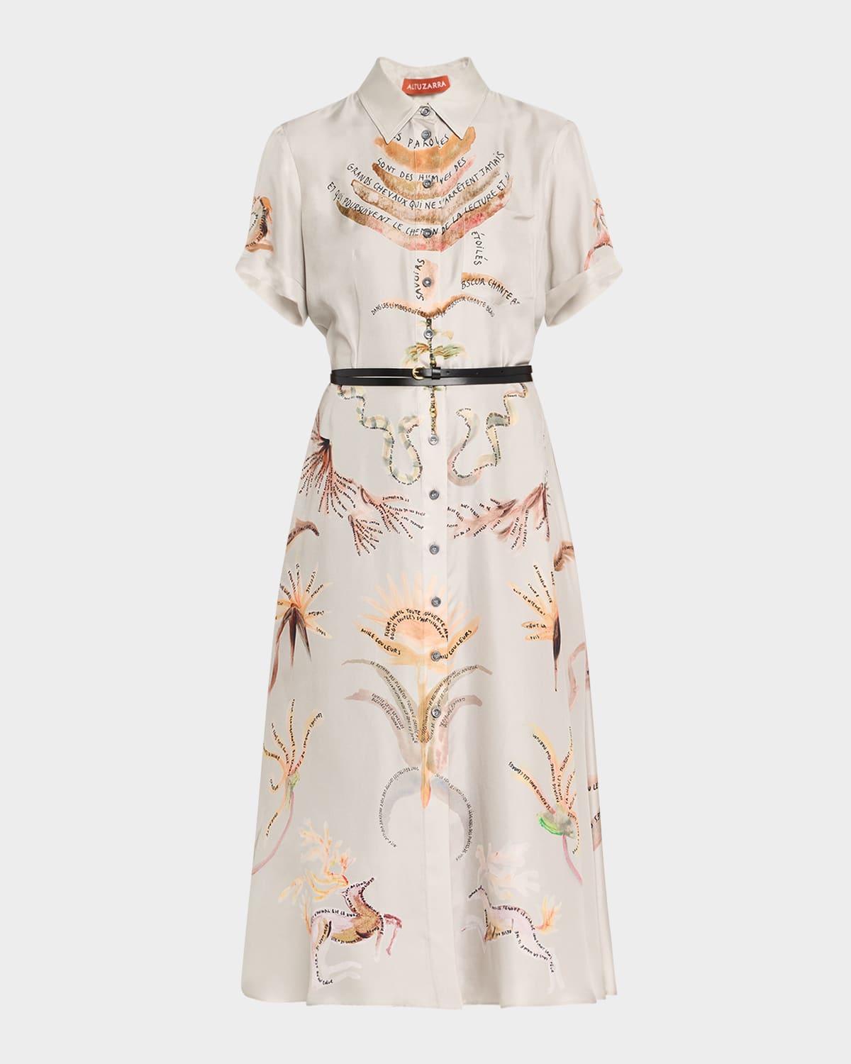 ALTUZARRA KIERA PRINTED SHORT-SLEEVE SILK MIDI SHIRTDRESS 