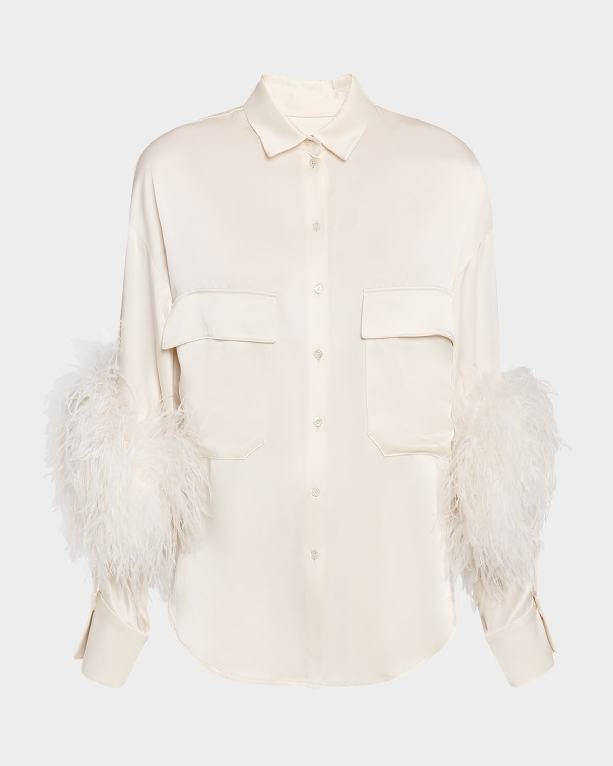 Lapointe Satin Button-down Blouse With Feather Trim In White