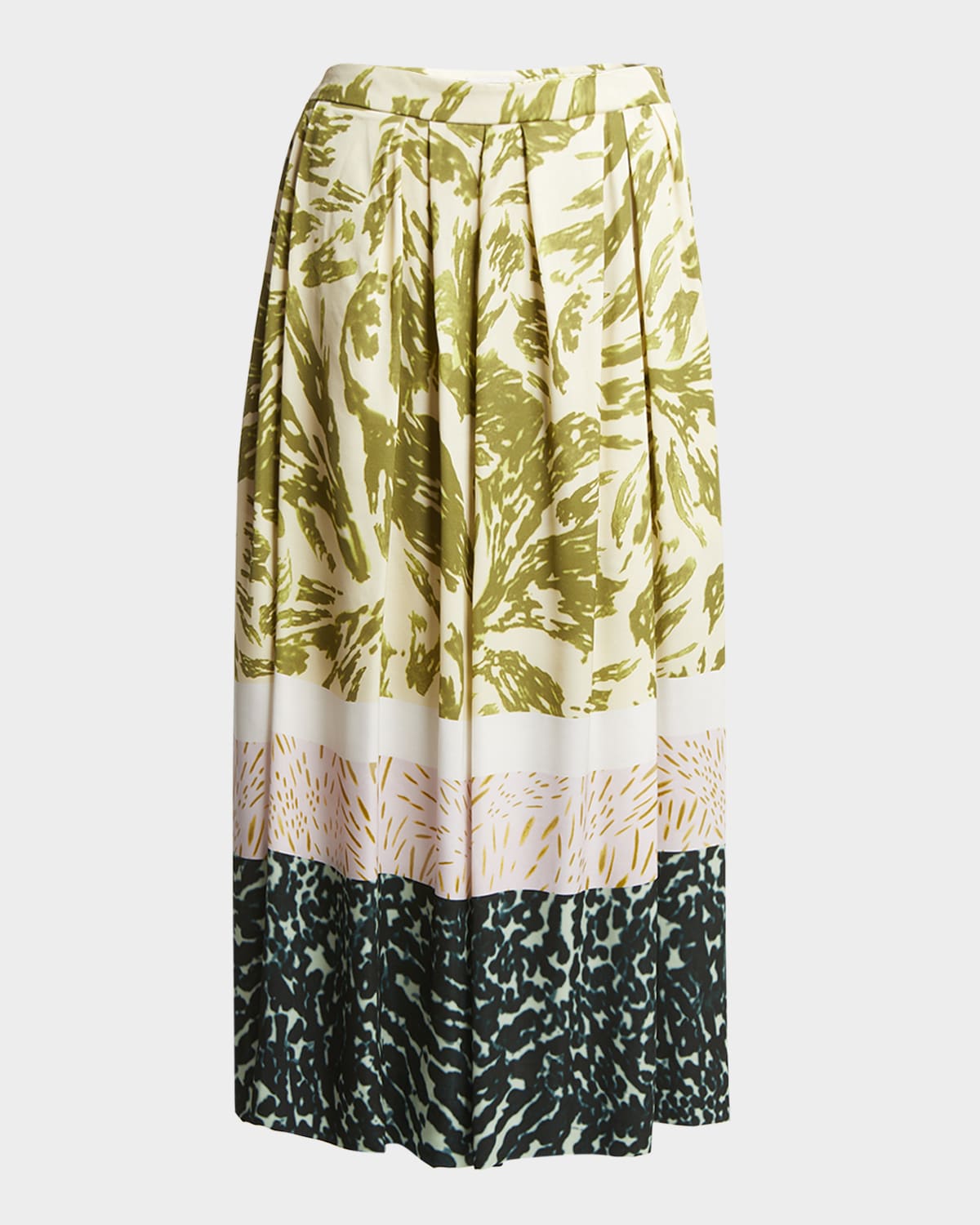 Dries Van Noten Womens Khaki Abstract-print Pleated Woven Maxi Skirt In Green