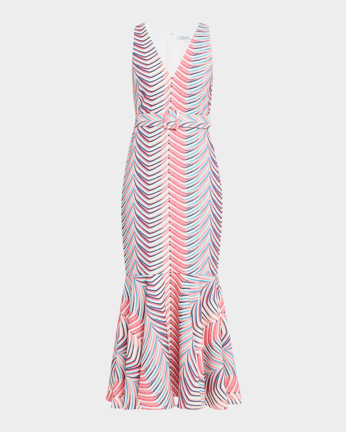 Badgley Mischka Collection Belted Chevron-Print Mermaid Midi Dress