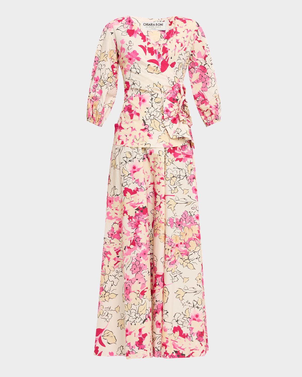 Floral-Print Side Ruffle Gown