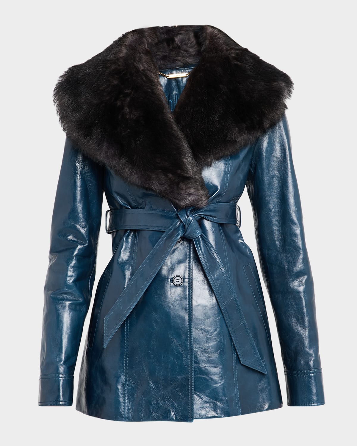 Chloé Lamb Shearling Collar Shiny Leather Short Wrap Coat In Blue