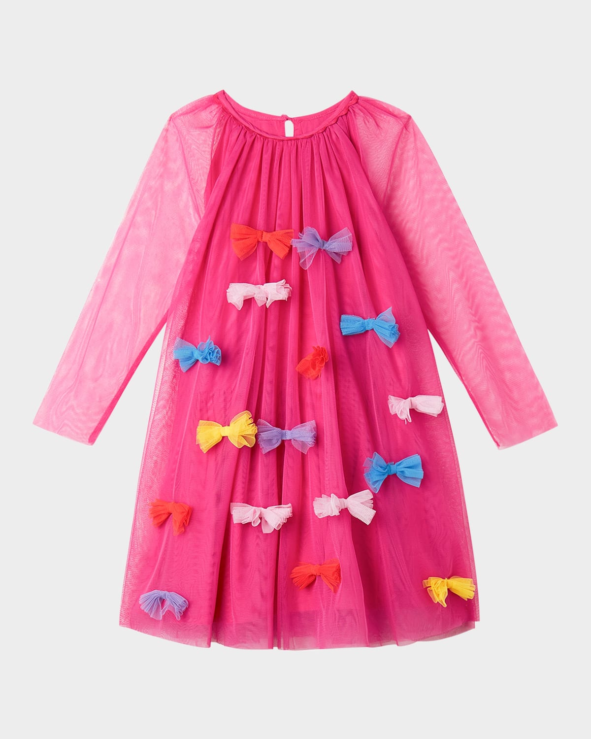 Stella Mccartney Girl's Multicolor Bow Long-sleeve Tulle Dress In Pink