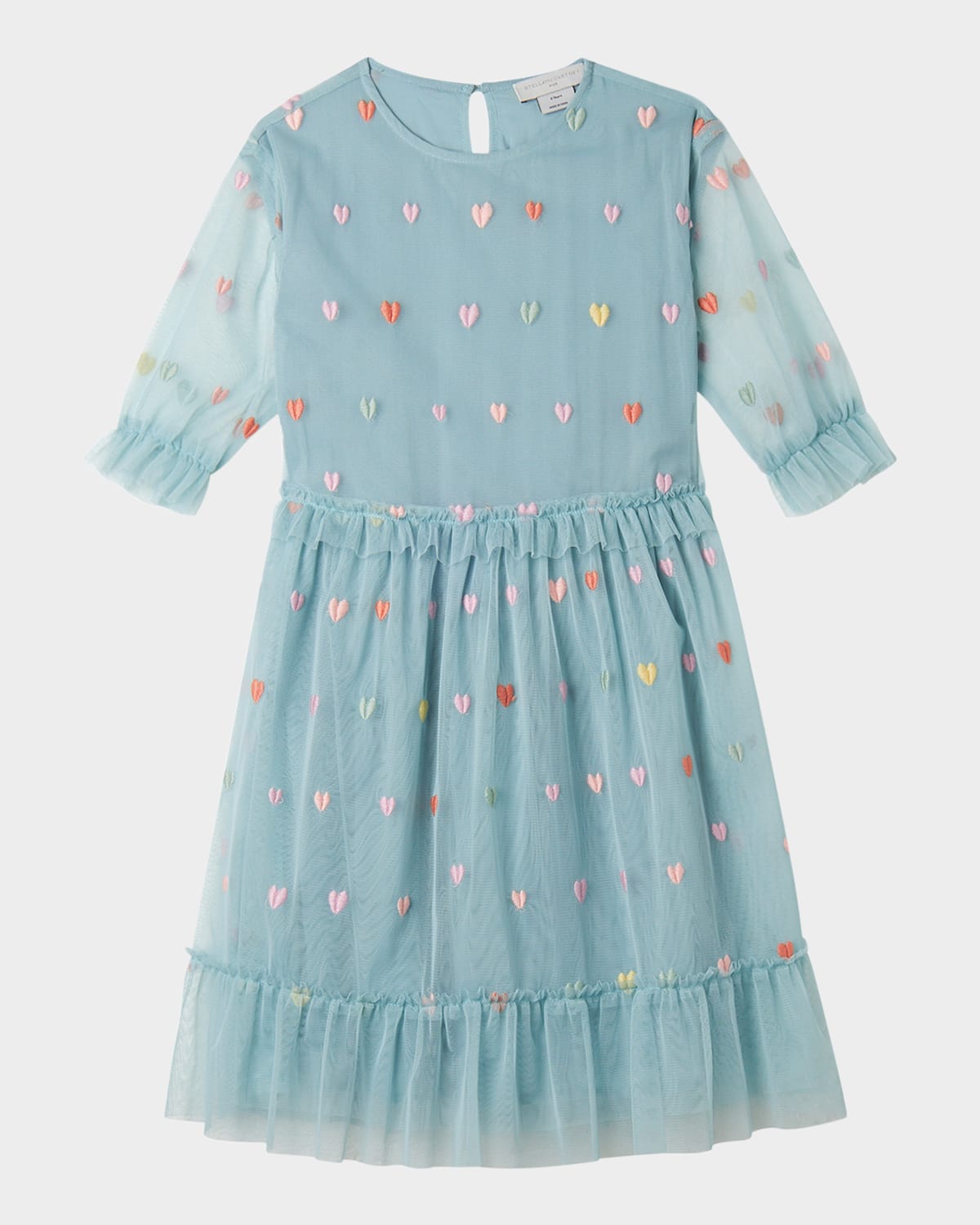 Stella Mccartney Girl's Embroidered Hearts Frill-sleeve Tulle Dress In Blue