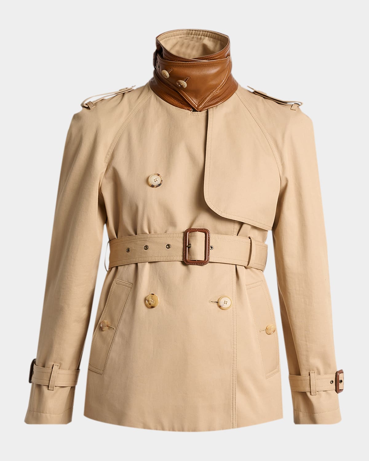 Leather-Collar Double-Breasted Short Trench Coat With Belt
