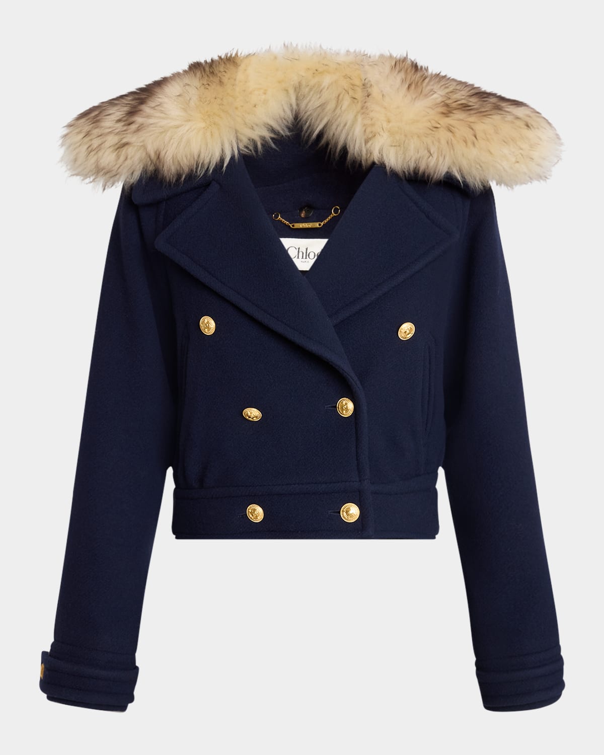 Chloé Crop Double Breasted Coat With Genuine Shearling Collar In Blue