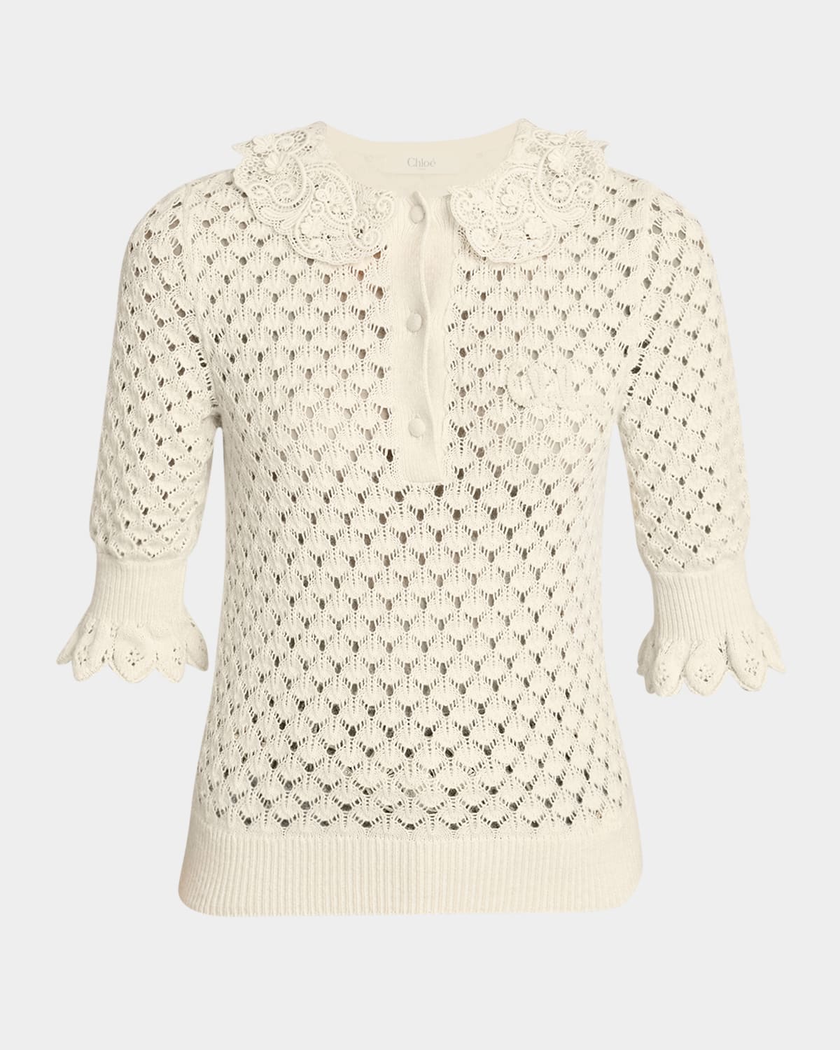Chloé Lace-collar Open Knit Polo Top