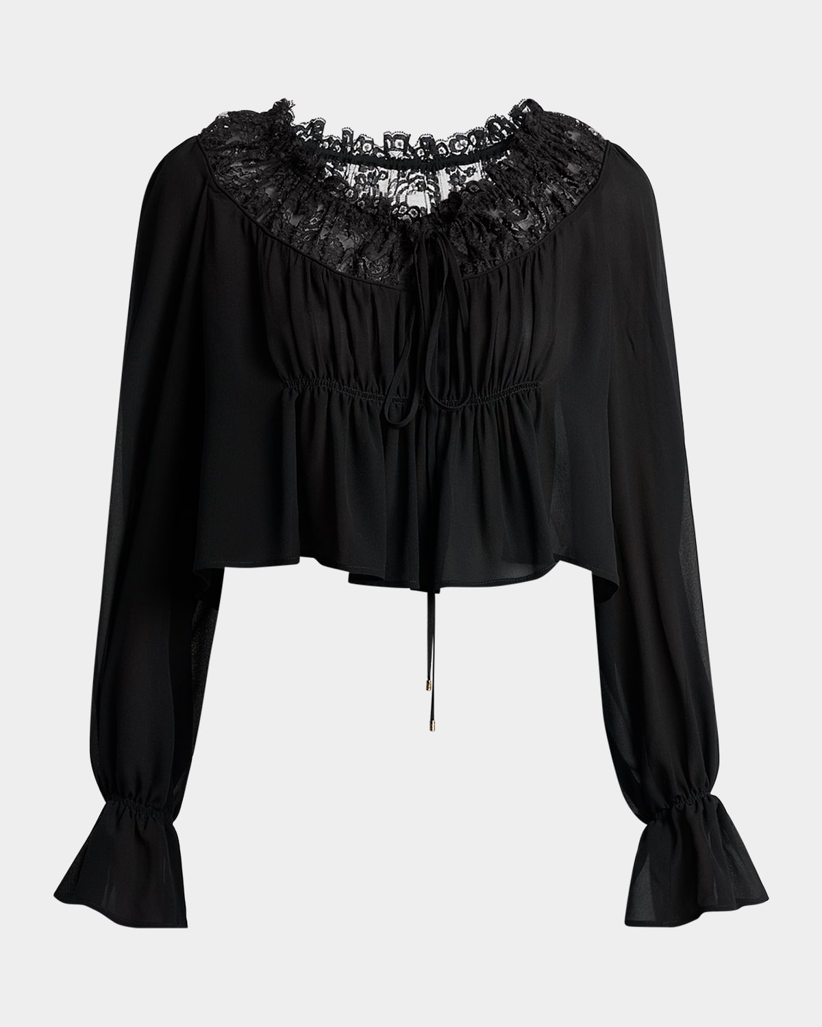 Chloé Ruched Lace Silk Peasant Blouse In Black